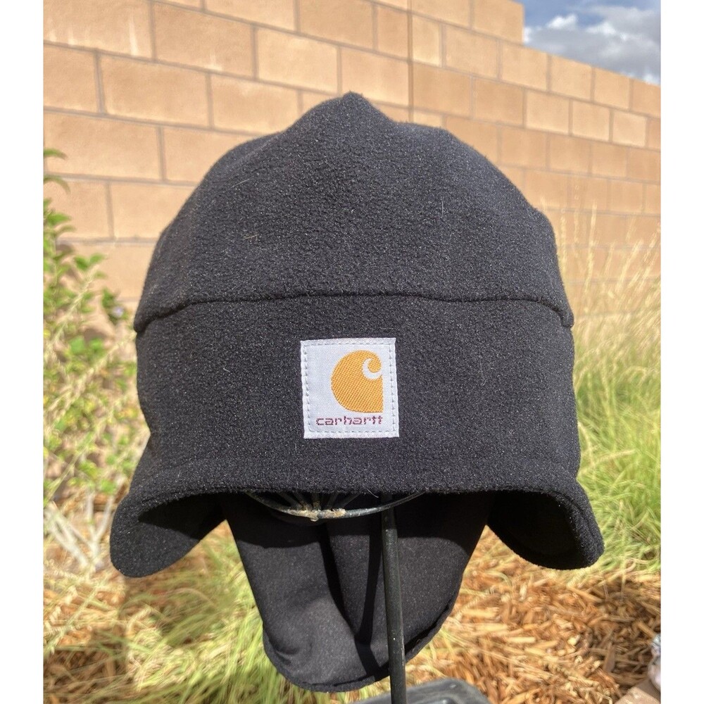 Carhartt Black Fleece Ear Flap Hat Chin Strap Winter Cap One Size Polyester